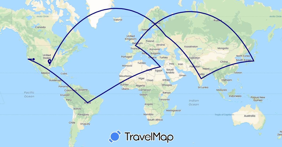 TravelMap itinerary: driving in Brazil, Egypt, France, India, Japan, Russia, United States (Africa, Asia, Europe, North America, South America)